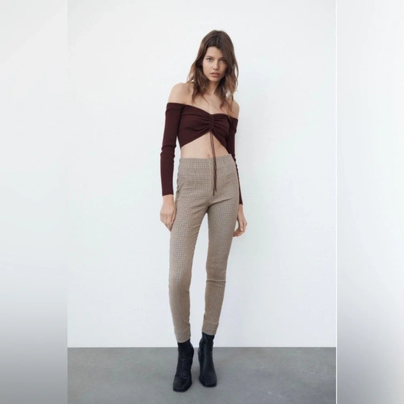 Zara Women’s Gingham Fitted Side Zip Trousers in Black/Brown/White Size L - Picture 3 of 10